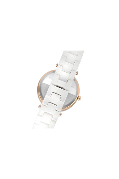 Angled white strap watch with rose gold-tone bezel and clasp