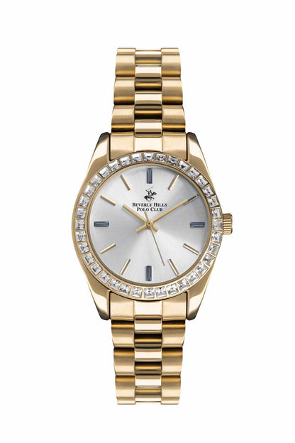 Gold-tone wristwatch with round white dial, crystal bezel, and linked metal bracelet