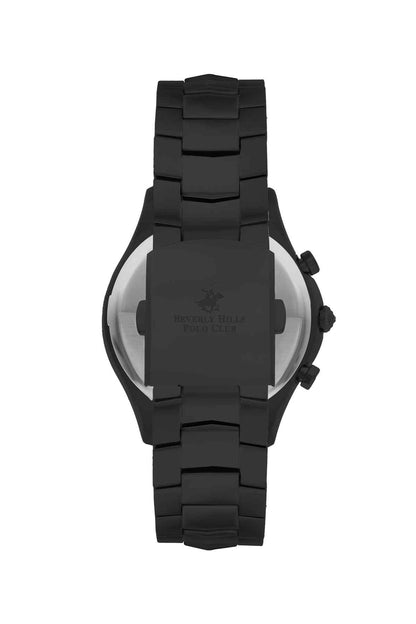 Black wristwatch with crown and side buttons, black link band, front view