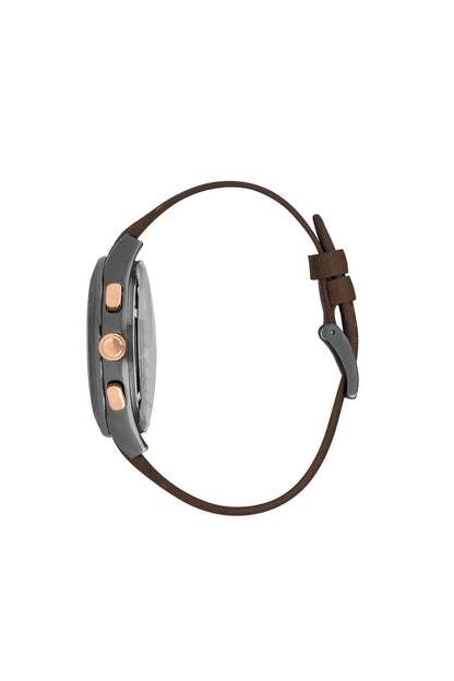 BHPC watch side view with brown leather strap, dark case, rose-gold details