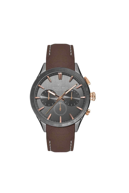 BHPC round watch with dark dial, rose-gold accents, and brown leather strap