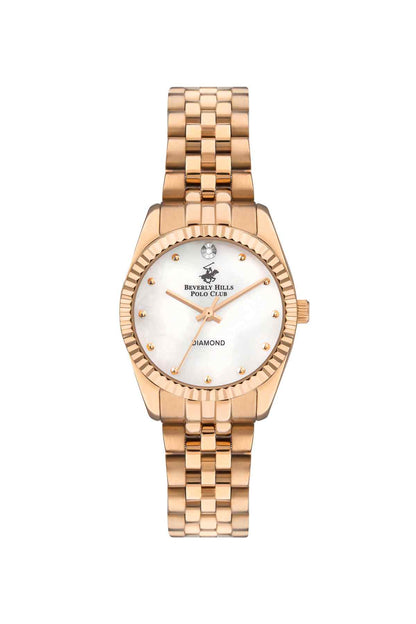 Rose gold tone metal bracelet watch with round white dial, crystal markers