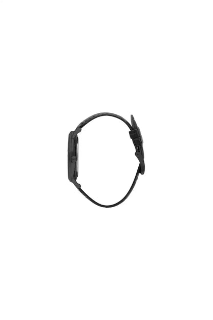 Black analog wristwatch side profile with black leather strap and crown