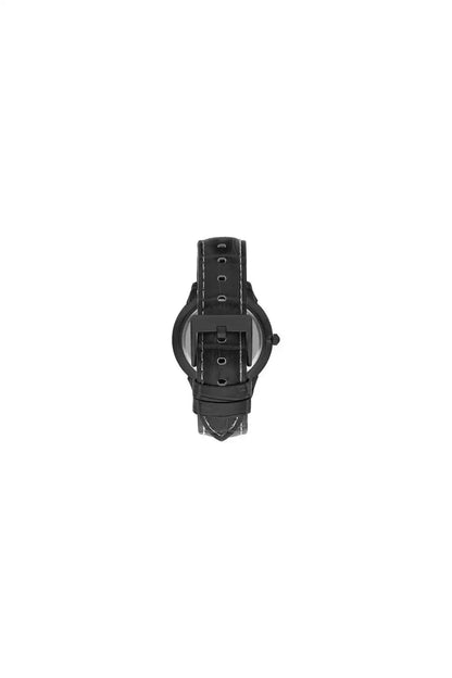 Black leather watch strap with buckle and holes, matching black case back