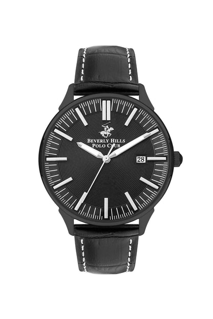 Black analog wristwatch with black leather strap and round dial, day/date window