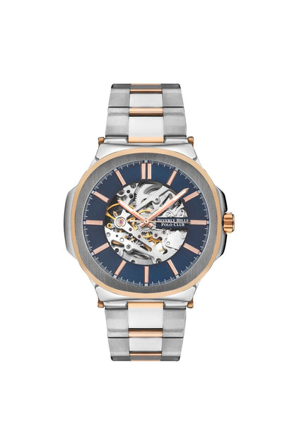 BHPC steel and rose-gold tone watch with blue skeleton dial, metal link bracelet