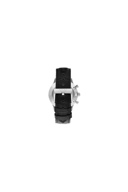 Black leather-strap analog wristwatch profile with multiple chronograph buttons