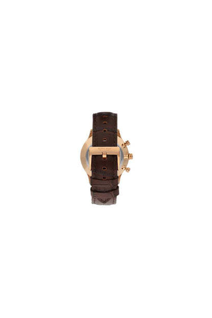 BHPC analog watch angled view with brown leather-look strap and gold-tone details