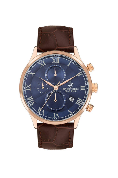 BHPC analog watch with dark blue dial and brown leather-look strap
