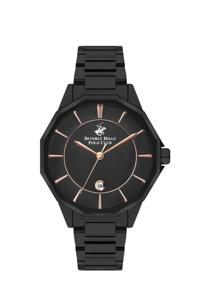 Black BHPC octagonal dial wristwatch with rose-gold markers and link band