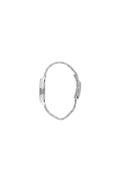 Steel wristwatch side view with metal link bracelet and clasp