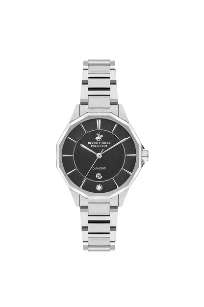 Steel wristwatch with octagonal case and black dial on metal link bracelet
