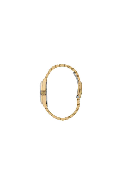 Gold-tone wristwatch band with oval case, side/back view
