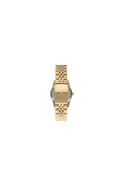 Gold-tone wristwatch with metal link strap and round case, angled view