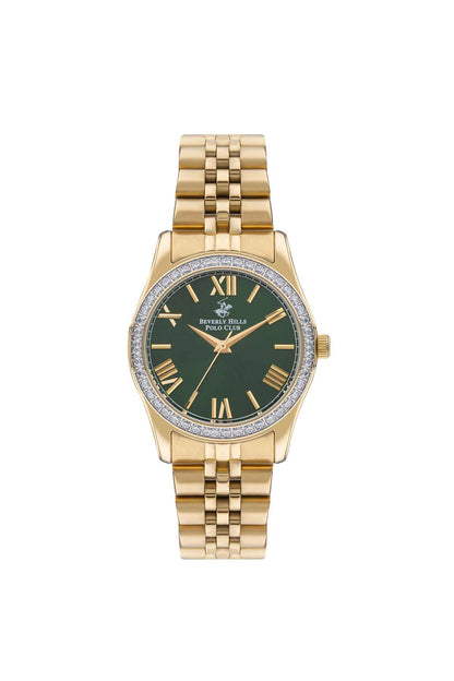 Gold-tone wristwatch with green dial, Roman numerals, and metal bracelet