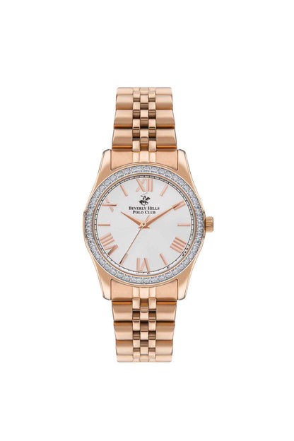 BHPC rose gold wristwatch with round dial, Roman numerals, crystal bezel
