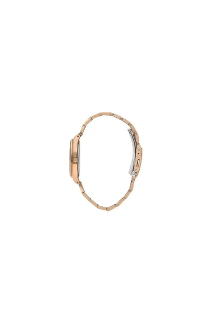 Rose gold metal wristwatch bracelet viewed from the side