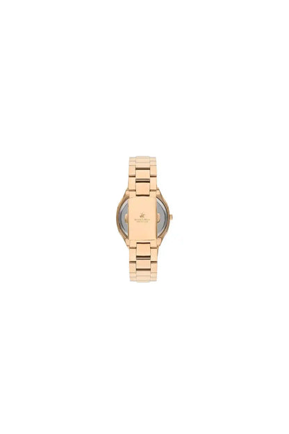 Rose gold metal wristwatch side view with crown detail