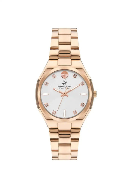 Rose gold metal wristwatch with white dial and slim gold bezel