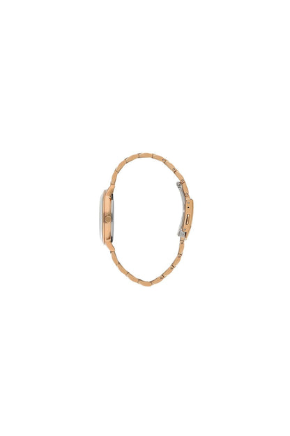 Rose gold-tone watch case from side with metal link bracelet, clasp details