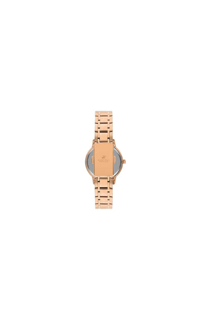 Rose gold-tone wristwatch back view with metal link bracelet and case