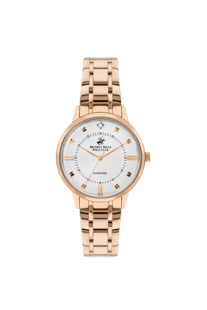 Rose gold-tone wristwatch with metal link bracelet and round white dial