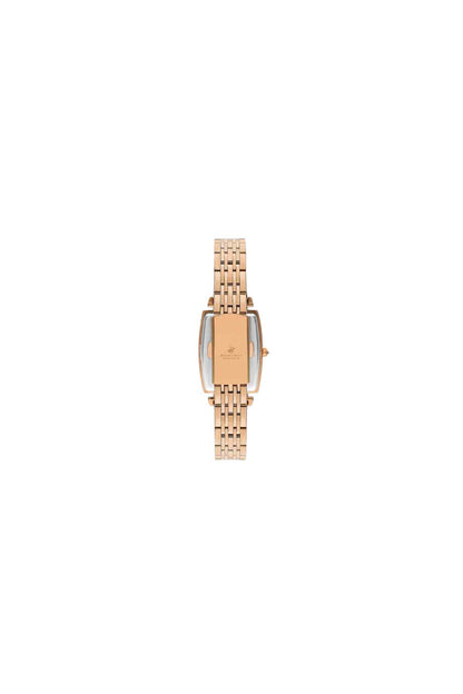 BHPC rose gold rectangular case watch with metal link strap, side view