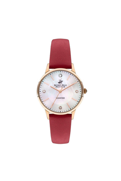 BHPC wristwatch with red leather strap, gold bezel, white dial