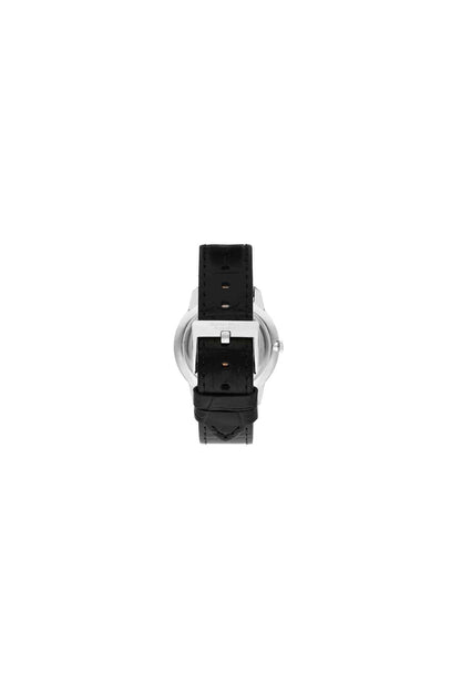 BHPC analog watch black leather strap with buckle, silver clasp, side view