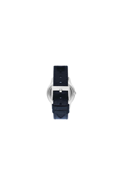 Wristwatch back view with dark leather strap and silver buckle clasp
