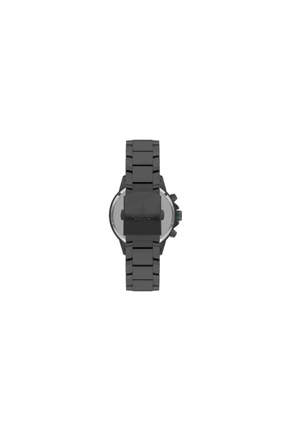 BHPC black wristwatch with linked metal bracelet, back view