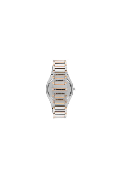 Two-tone steel wristwatch angled view with rose-gold markers and polished bezel