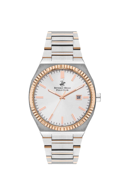 Two-tone steel wristwatch with rose-gold bezel, white dial, and date window
