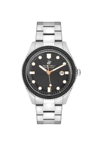 Steel metal bracelet watch with black dial, gold-tone hands, and date window at 28