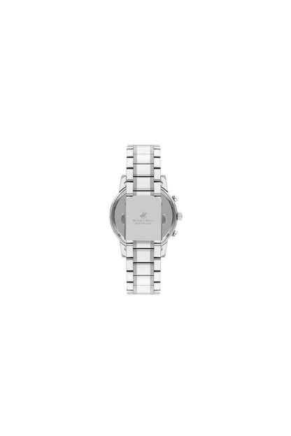 Steel wristwatch with round caseback and silver metal bracelet