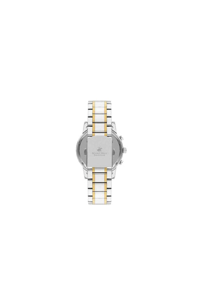 Silver watch case with steel-and-gold bracelet, crown at right