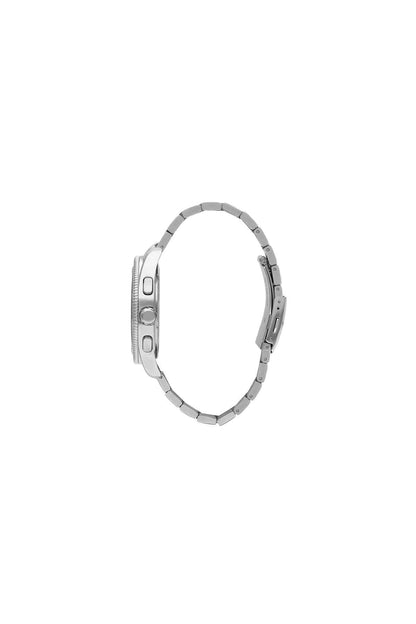 Steel wristwatch side view with metal bracelet links and crown