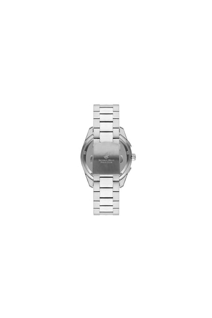 Steel wristwatch back view with metal bracelet band