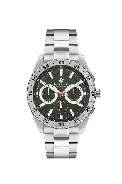 Steel wristwatch with green dial, silver chronograph subdials, and metal bracelet