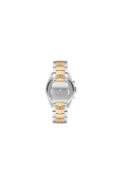 Two-tone steel and gold wristwatch with silver caseback and gold center stripe links