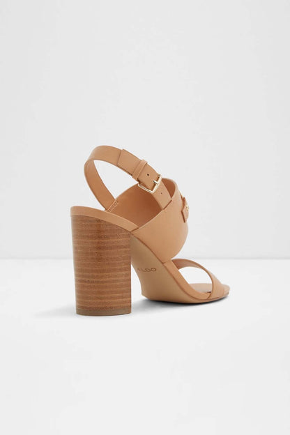 ALDO light beige heeled sandals with ankle strap buckle and open toe straps