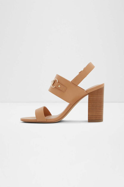 ALDO light beige heeled sandals with wide toe strap and chunky block heel