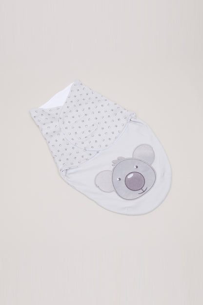 Baby swaddle blanket with grey teddy applique and white reverse side panel