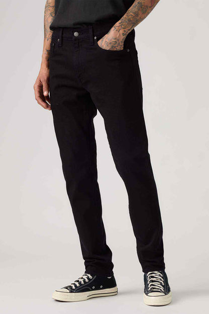 Men's black denim jeans, straight leg, button fly, front pockets