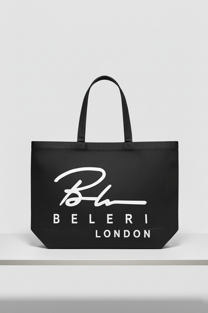 Jet black Beleri London shopping tote with white logo, open top and handles