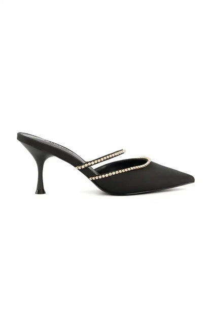 Dune London black heeled mules with side rhinestone-strap trim