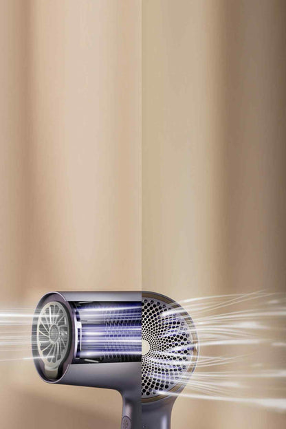 PHILIPS purple hair dryer with close-up vent and airflow stream