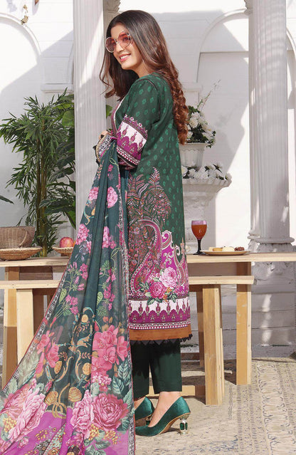 Floral multicolor tunic dress with wide embroidered hem and dark green dupatta