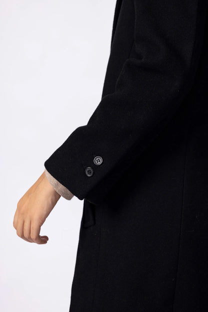 Black long coat sleeve close-up with two-button cuff and textured fabric.