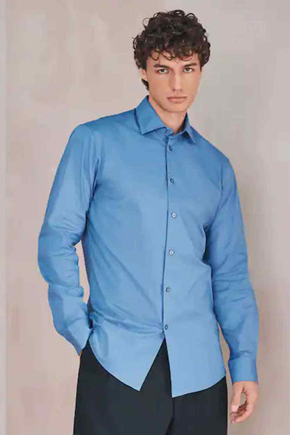 Men's blue dress shirt with button-front and long sleeves
